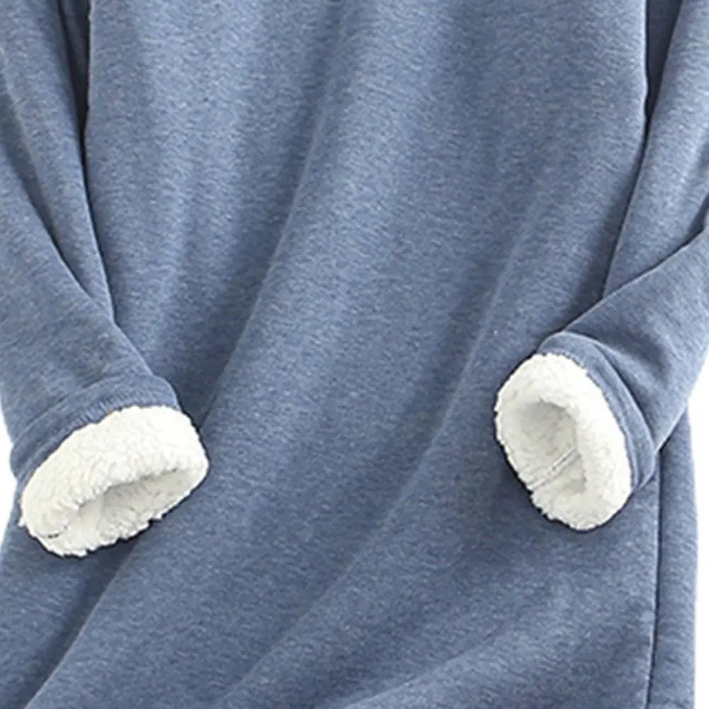 Plush Lining Women Blouse Thermal Underwear Top Autumn Winter Midi-Length Loose Base Shirt Pure Color Crew Neck Base Shirt