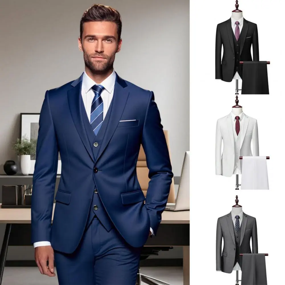 3d Tailoring Men Suit Business Suit Elegant Men's 3-piece Suit Set with Lapel Coat Waistcoat Pants Slim Fit Solid Color Business