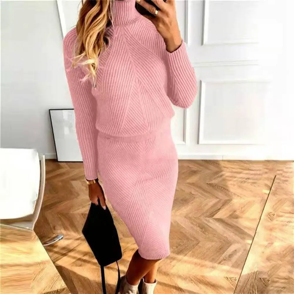 2022 Lady Sweater Skirt Suit Women Knitting Sweater Turtleneck Solid Color Crop Top Pullover Sweater + Slim Skirt Two-Piece Set