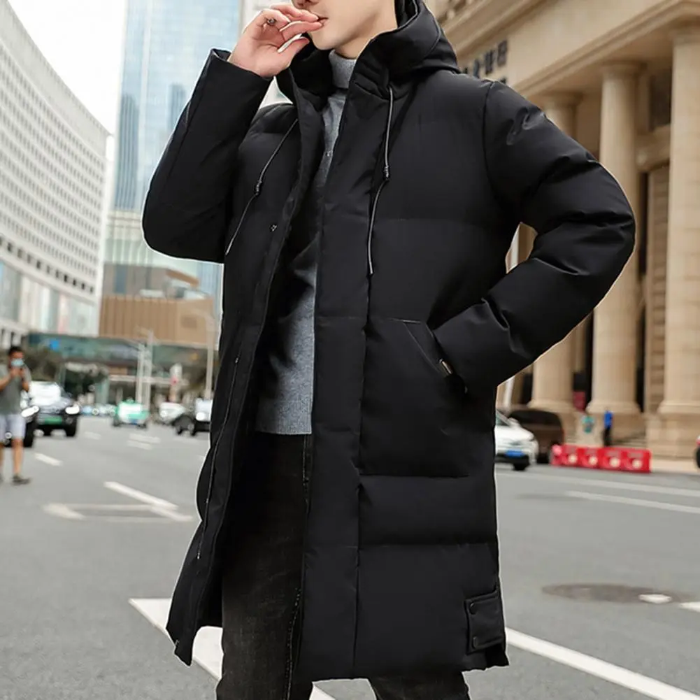 Winter Down Coat Hooded Thickened Padded Men Winter Coat Keep Warm Midi Length Zip Up Cardigan Thickened Men Winter Down Jacket