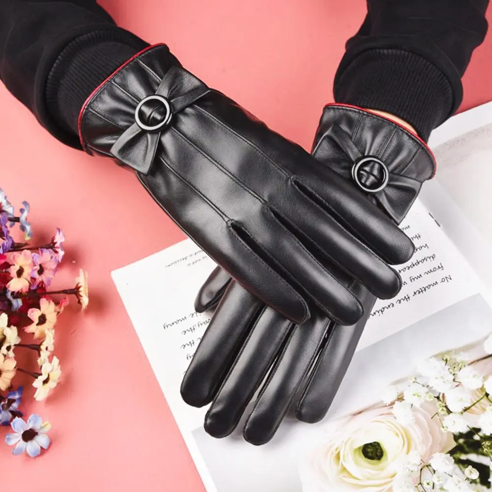 Women Gloves Winter Bownot Full Finger Plush Lining Leather Cycling Winter Gloves Waterproof Driving Keep Warm Gloves Mittens