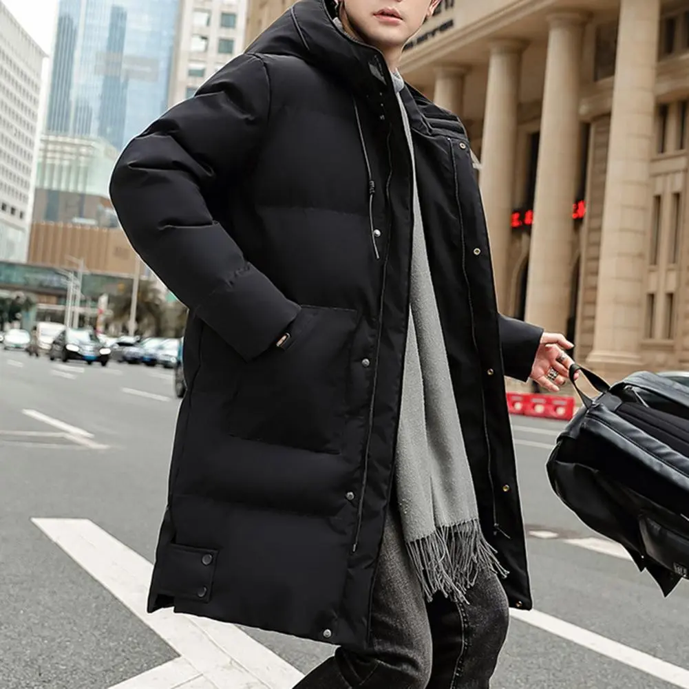 Winter Down Coat Hooded Thickened Padded Men Winter Coat Keep Warm Midi Length Zip Up Cardigan Thickened Men Winter Down Jacket