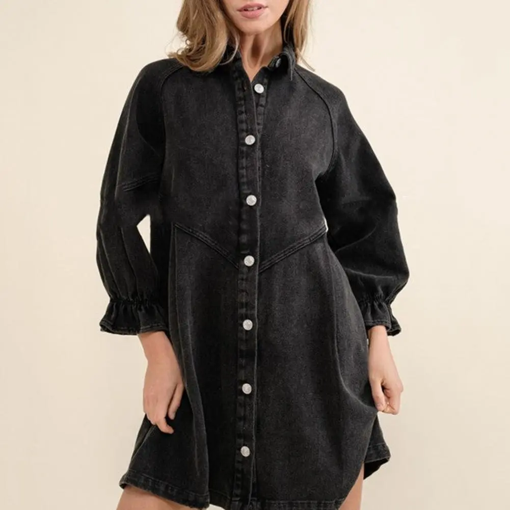 Women Spring Fall Dress Solid Color Single-breasted Lapel Loose Three Quarter Sleeve Lantern Sleeve Above Knee Midi Dress