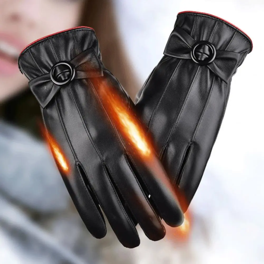 Women Gloves Winter Bownot Full Finger Plush Lining Leather Cycling Winter Gloves Waterproof Driving Keep Warm Gloves Mittens
