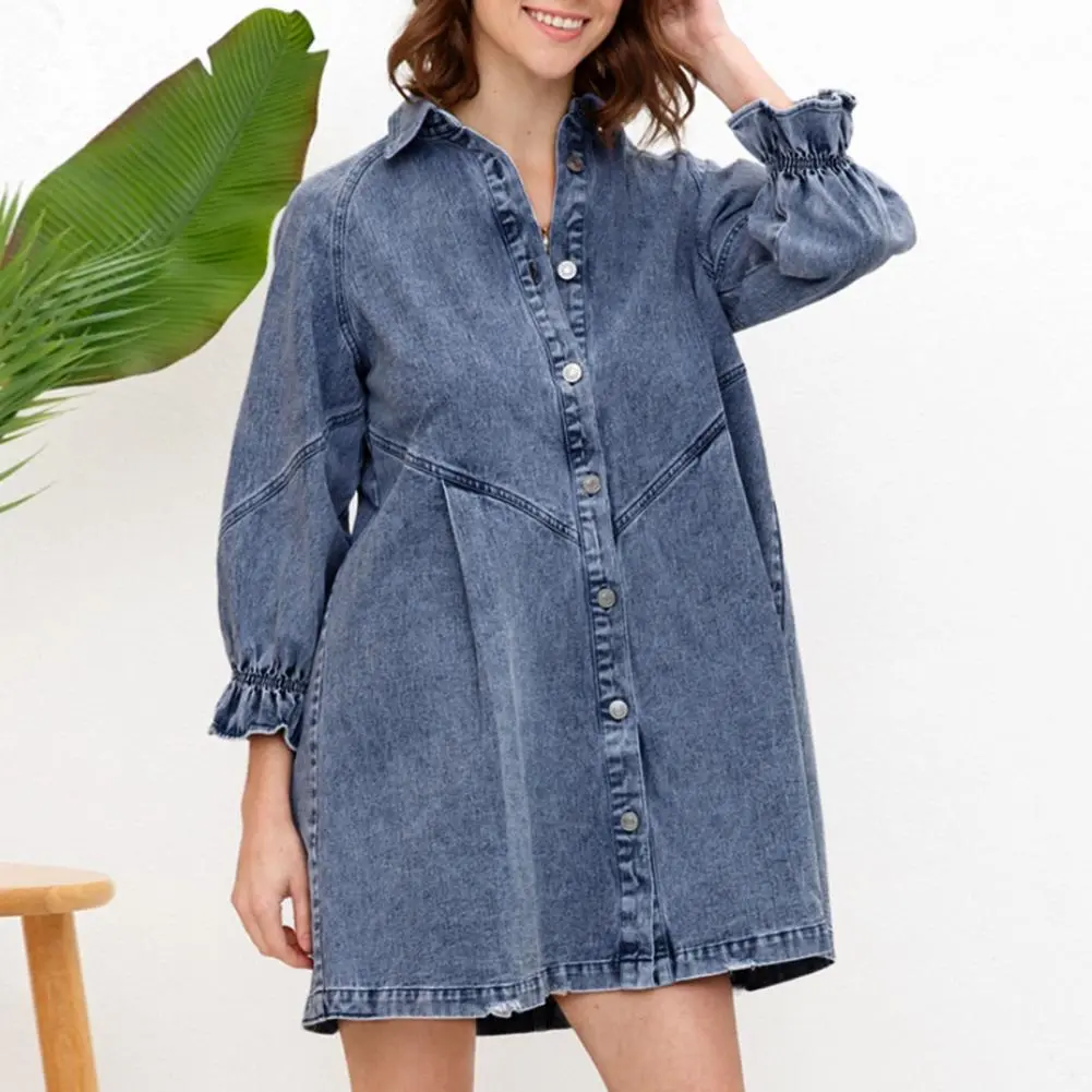 Women Spring Fall Dress Solid Color Single-breasted Lapel Loose Three Quarter Sleeve Lantern Sleeve Above Knee Midi Dress