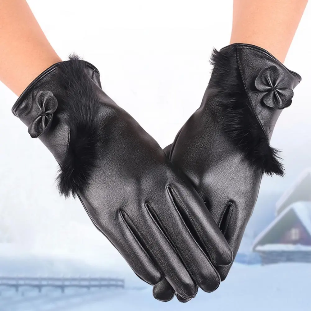 Women Gloves Winter Bownot Full Finger Plush Lining Leather Cycling Winter Gloves Waterproof Driving Keep Warm Gloves Mittens