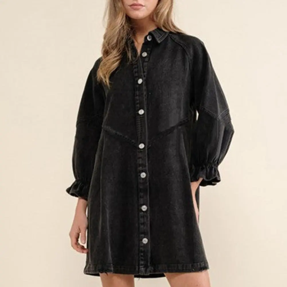 Women Spring Fall Dress Solid Color Single-breasted Lapel Loose Three Quarter Sleeve Lantern Sleeve Above Knee Midi Dress