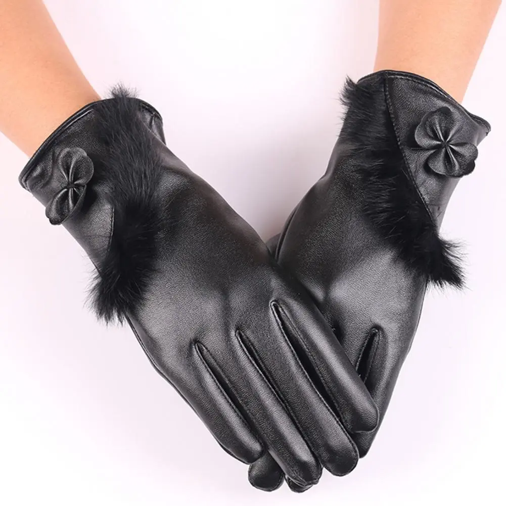 Women Gloves Winter Bownot Full Finger Plush Lining Leather Cycling Winter Gloves Waterproof Driving Keep Warm Gloves Mittens