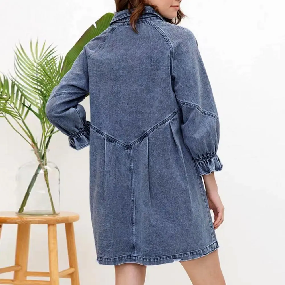 Women Spring Fall Dress Solid Color Single-breasted Lapel Loose Three Quarter Sleeve Lantern Sleeve Above Knee Midi Dress