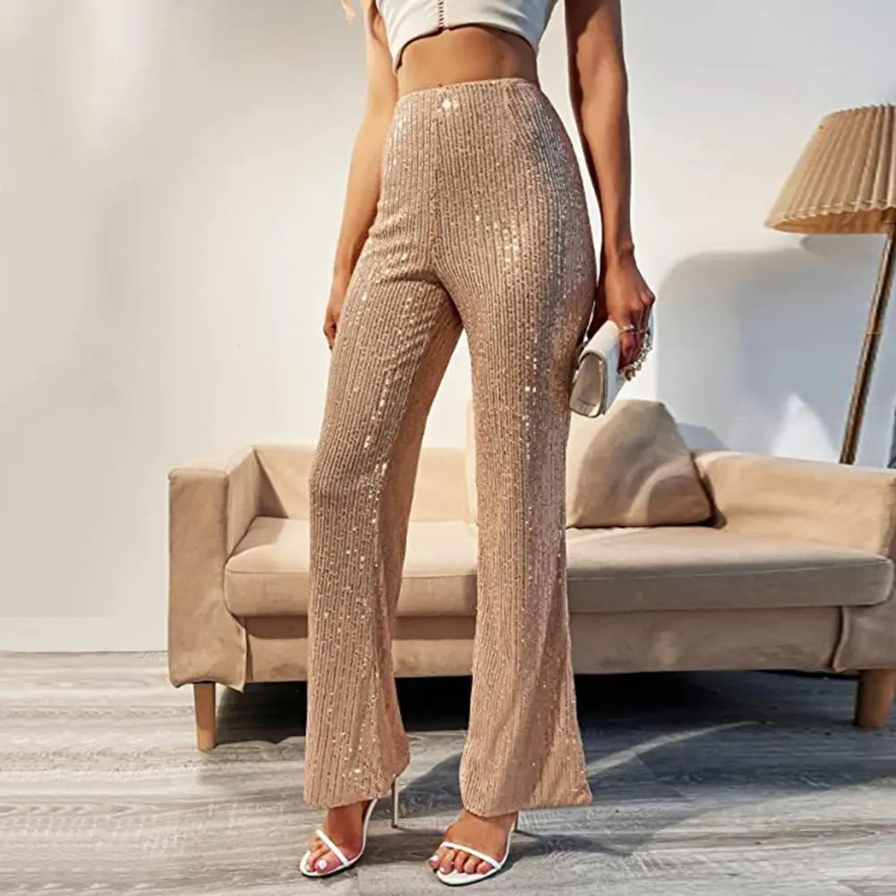 High Waist Women Sparkling Pants Wide Leg Flared Glitter Pants Sequin Bling Party Slacks Glitter Night Out Pants Women Trousers
