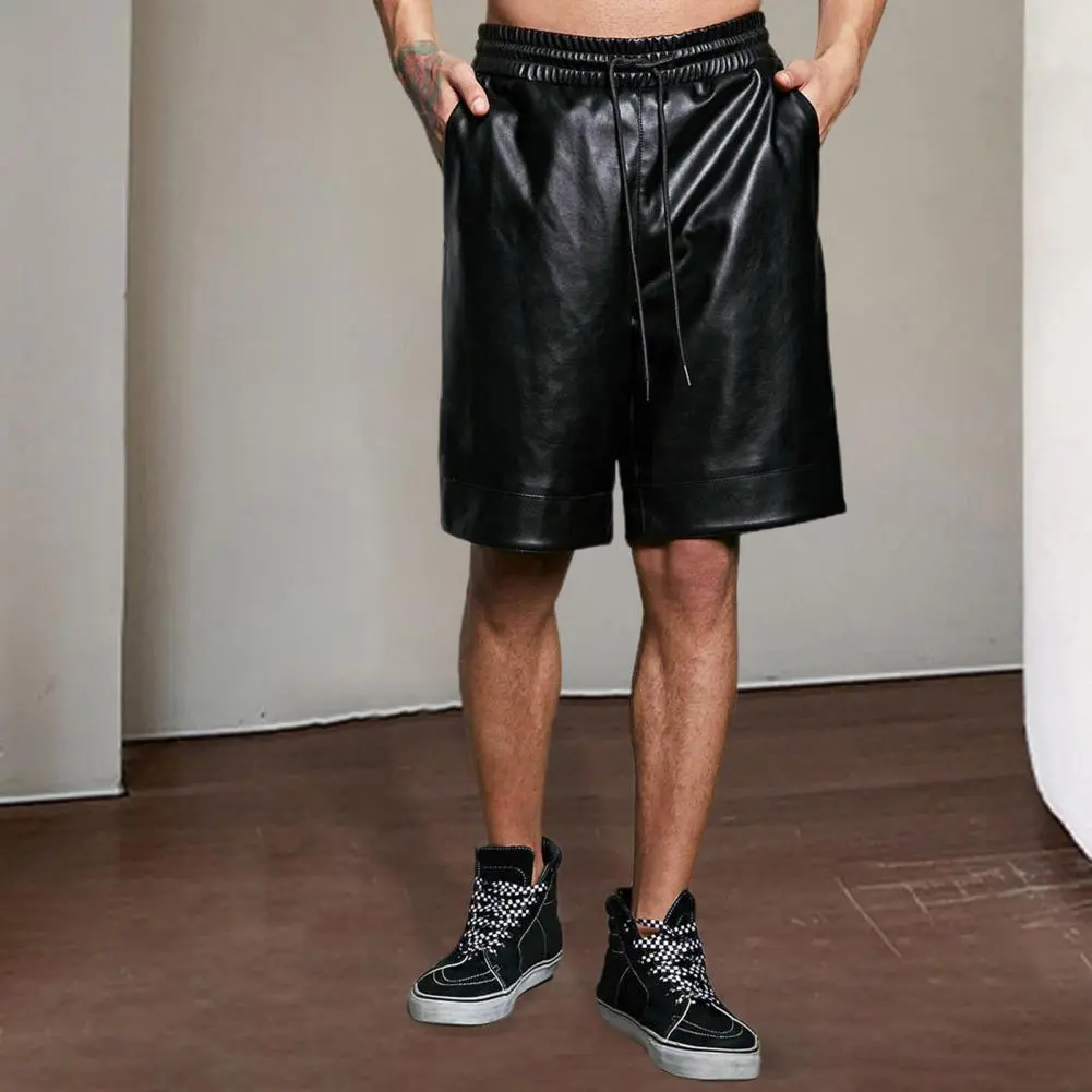 Faux Leather Shorts Drawstring Men Shorts Elastic Pockets Solid Color Wide Leg Shorts Streetwear Adjustable Waist Men Short Pant