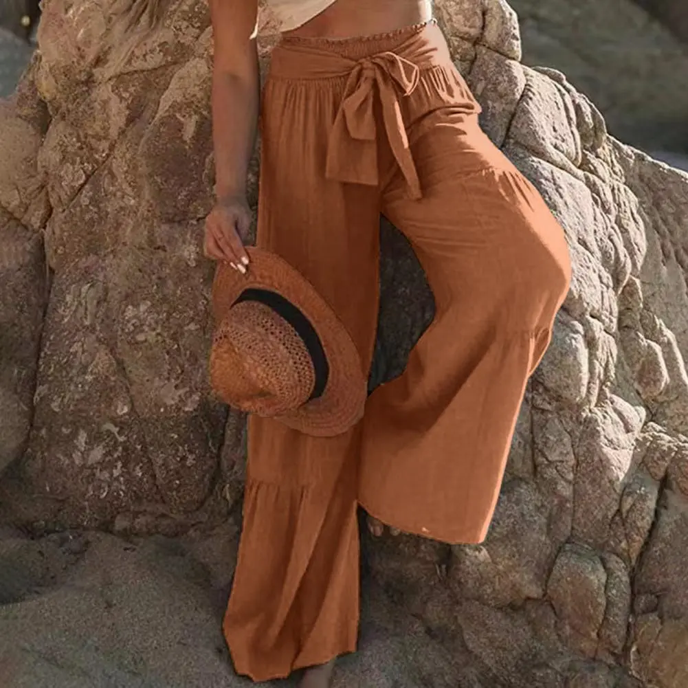 Loose Bow-knot Pleated beach pants High Waist lace up wide leg Pleated summer Women Trousers Pure Color Breathable Casual Pants