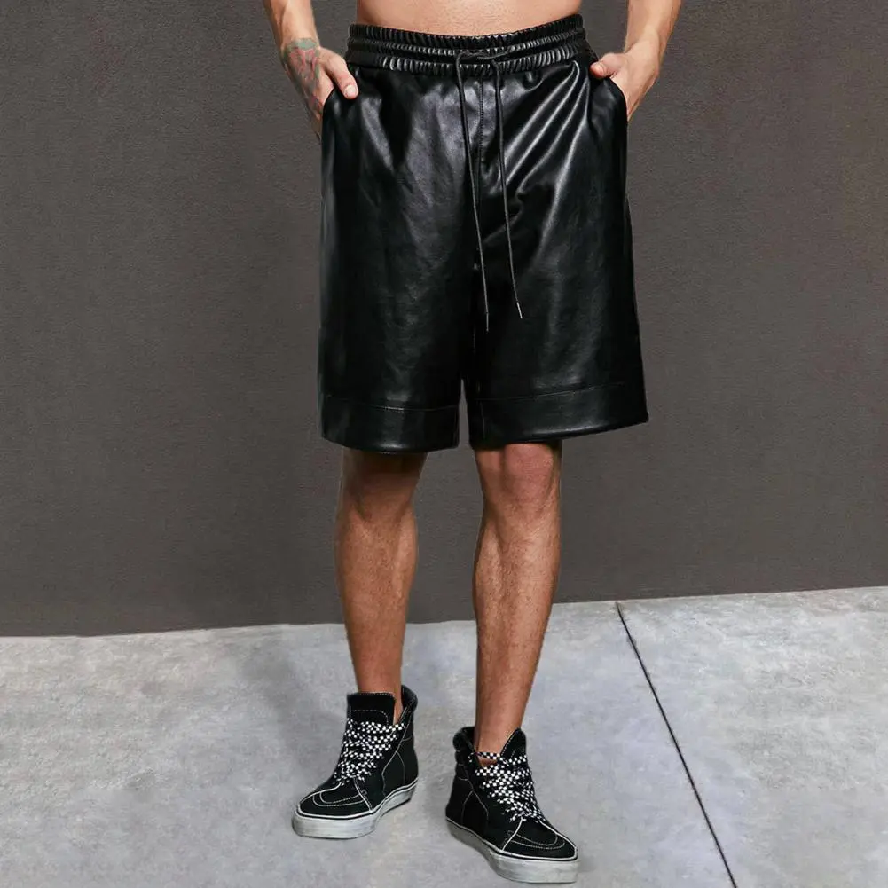 Faux Leather Shorts Drawstring Men Shorts Elastic Pockets Solid Color Wide Leg Shorts Streetwear Adjustable Waist Men Short Pant