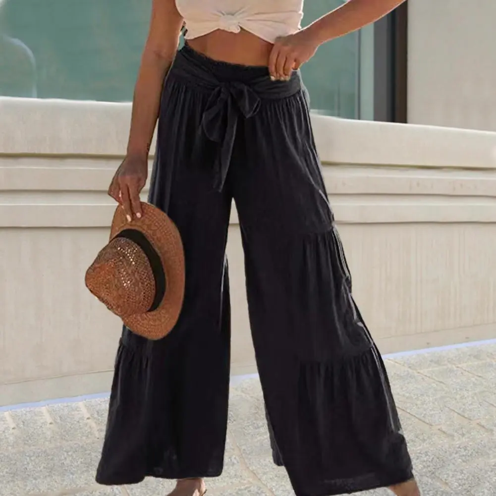 Loose Bow-knot Pleated beach pants High Waist lace up wide leg Pleated summer Women Trousers Pure Color Breathable Casual Pants