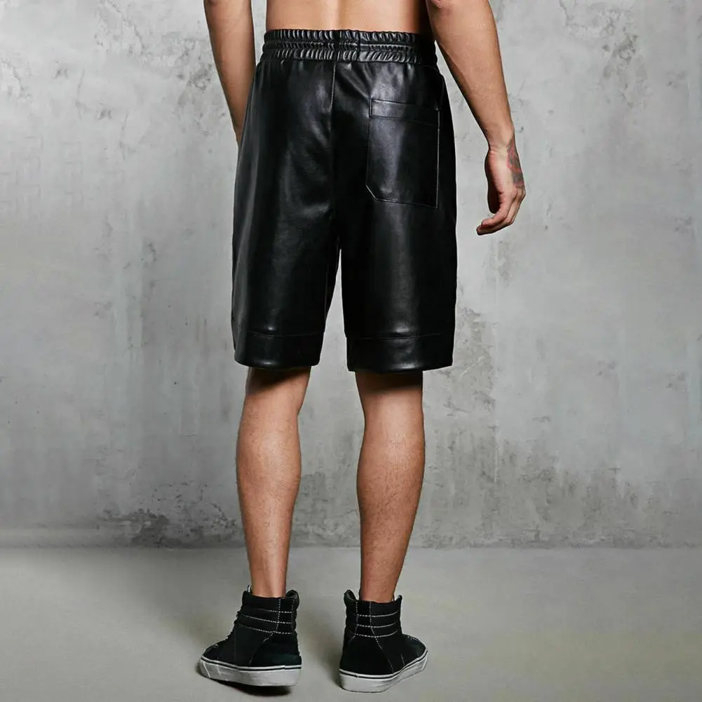 Faux Leather Shorts Drawstring Men Shorts Elastic Pockets Solid Color Wide Leg Shorts Streetwear Adjustable Waist Men Short Pant