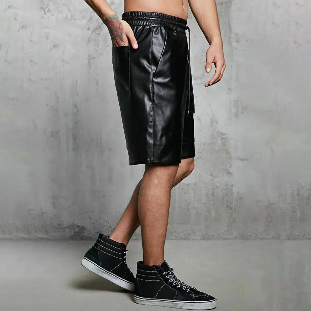 Faux Leather Shorts Drawstring Men Shorts Elastic Pockets Solid Color Wide Leg Shorts Streetwear Adjustable Waist Men Short Pant