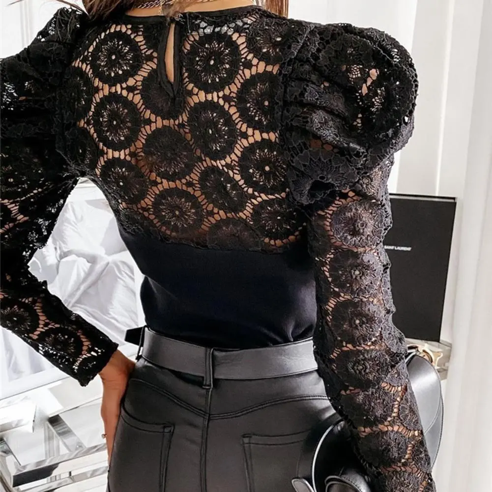 2025 See-through Slim Fit Lace Blouse Hollow Out Lace Patchwork Long Sleeve Slim Fit Puff Sleeve Commute Shirt Bottoming Shirt