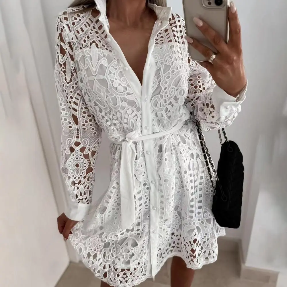 Women Shirt Dress Hollow Out Lace Above Knee A-Line Mini Dress Spring Summer Temperament Slim Fit Belted Wedding Banquet Dress