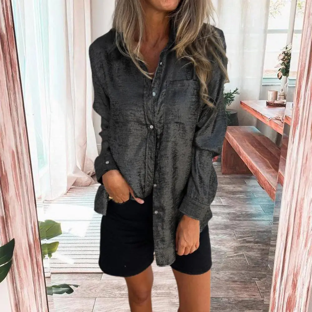Glossy Women Shirt Bright Color Lapel Long Sleeve Pocket Shirt Tops Single Breasted Mid-length Slim Fit Office Ladies Shirt