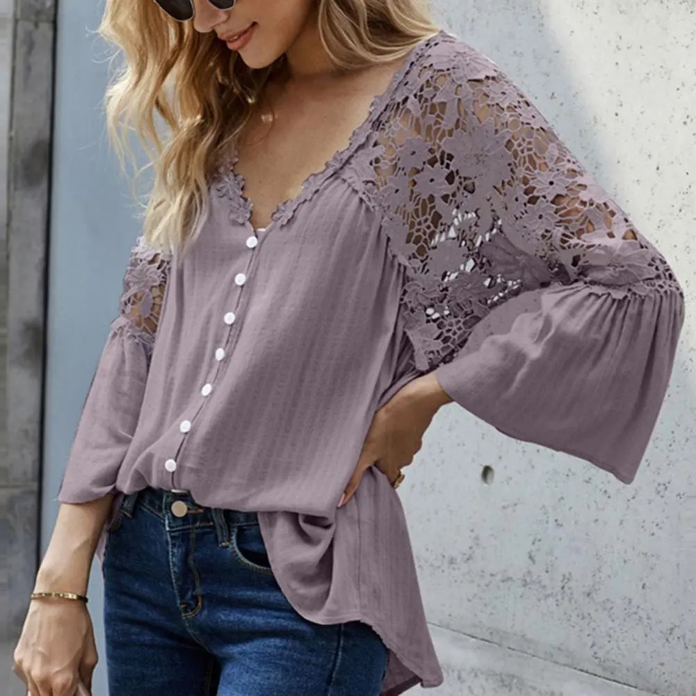 Elegant V-Neck Long Sleeve Lace Shirt Blusas Lace V Neck Large Hem Shirt See Through Back Solid Color Flare Sleeve Shirt Blouse