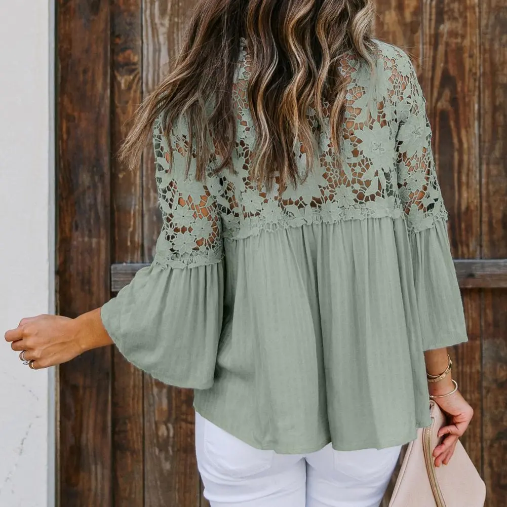 Elegant V-Neck Long Sleeve Lace Shirt Blusas Lace V Neck Large Hem Shirt See Through Back Solid Color Flare Sleeve Shirt Blouse