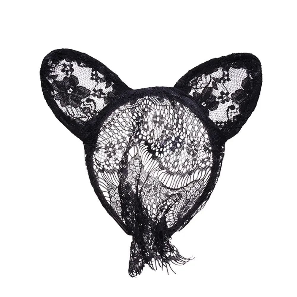 Fashion Sexy Women Headband Lace Cat Ears Veil Black Eye Mask Party Headwear new