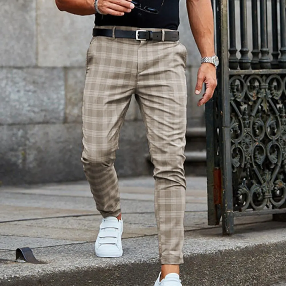 Plaid Men Trousers Loose Spring Vintage Checkered Pattern Pants All Match Full Length Mid Waist Pencil Pants Men Business Pants