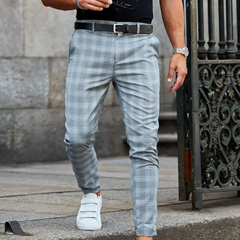 Plaid Men Trousers Loose Spring Vintage Checkered Pattern Pants All Match Full Length Mid Waist Pencil Pants Men Business Pants