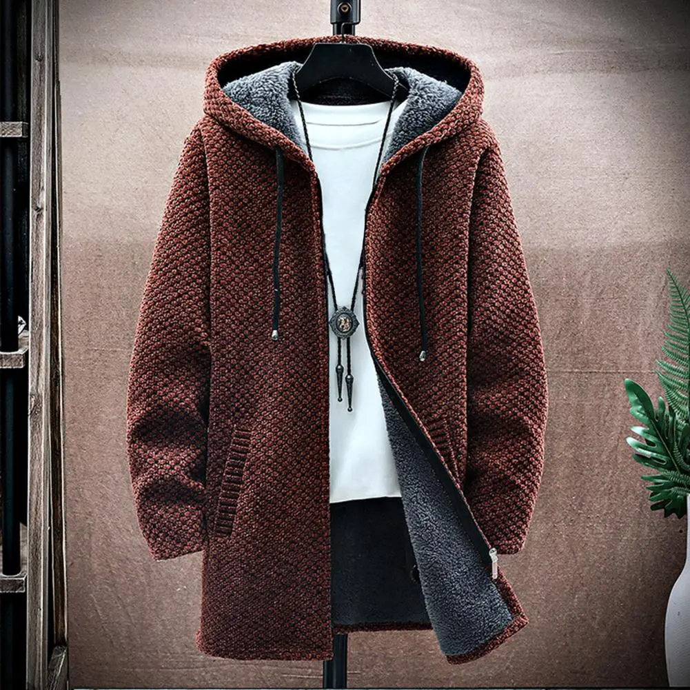 Autumn Winter Hooded Sweater Thicken Drawstring Plush Lining Mid-Length Knitting Jacket Windproof Knitting Hooded Sweater Jacket