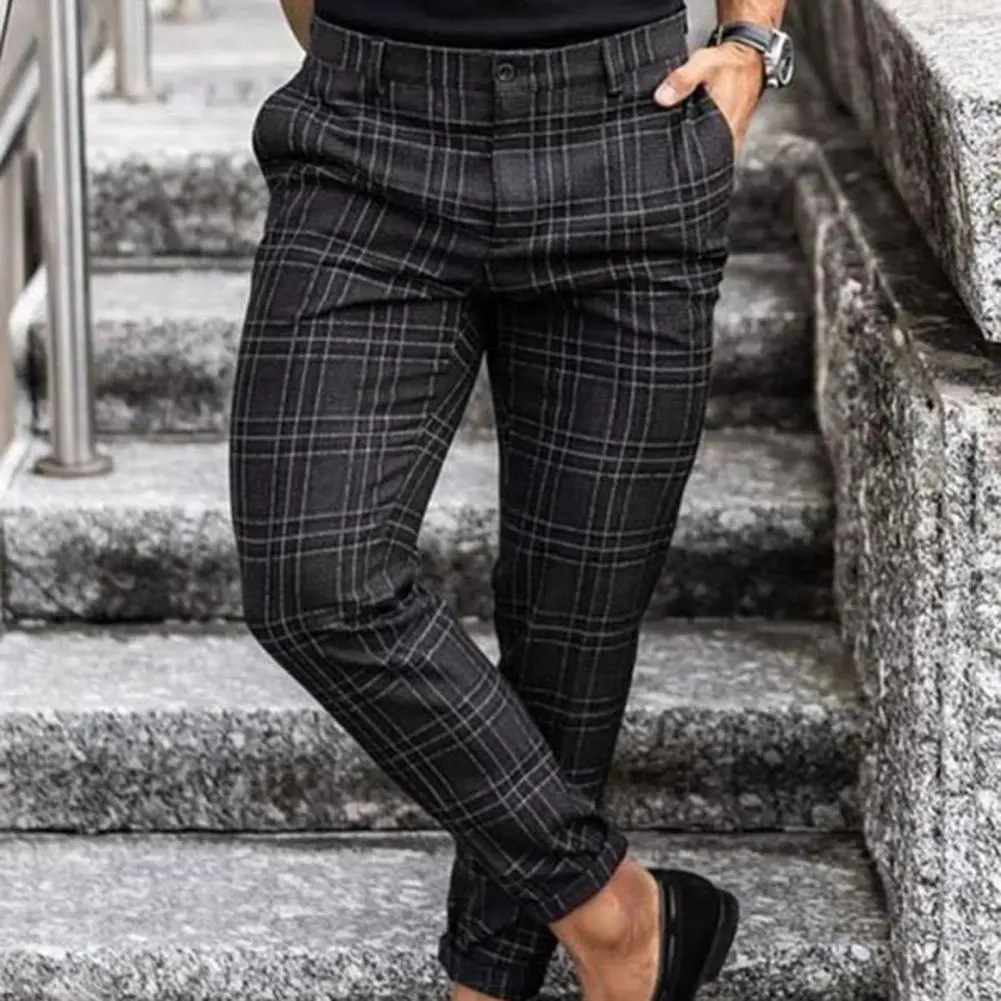 Plaid Men Trousers Loose Spring Vintage Checkered Pattern Pants All Match Full Length Mid Waist Pencil Pants Men Business Pants