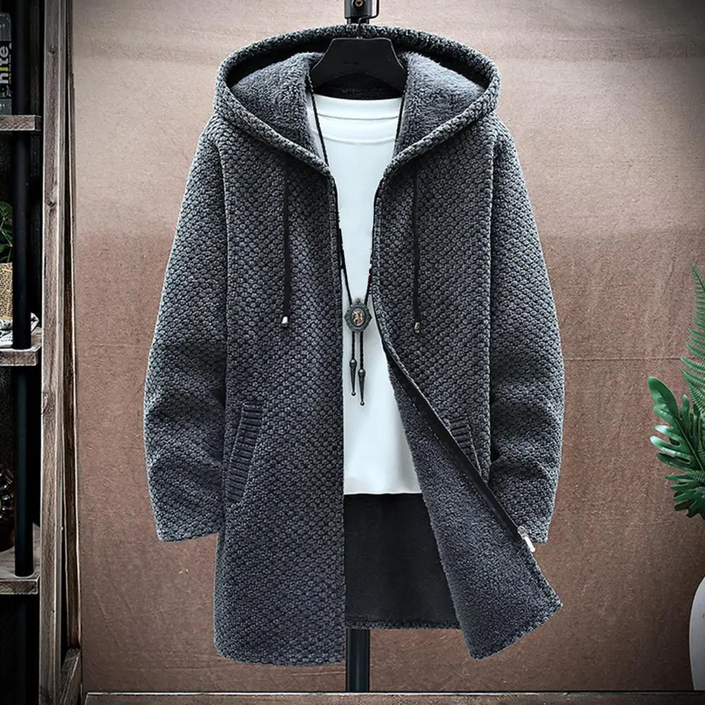 Autumn Winter Hooded Sweater Thicken Drawstring Plush Lining Mid-Length Knitting Jacket Windproof Knitting Hooded Sweater Jacket