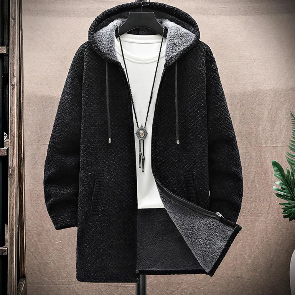 Autumn Winter Hooded Sweater Thicken Drawstring Plush Lining Mid-Length Knitting Jacket Windproof Knitting Hooded Sweater Jacket