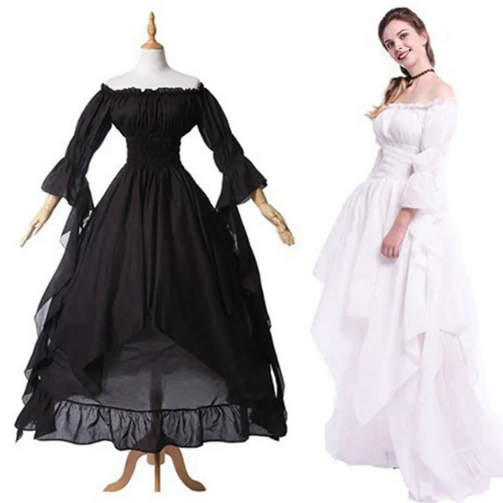 Retro Renaissance Maxi Princess Dress Off Shoulder Long Horn Sleeves Irregular Layered Pleated Party Dress Women Ball Gown