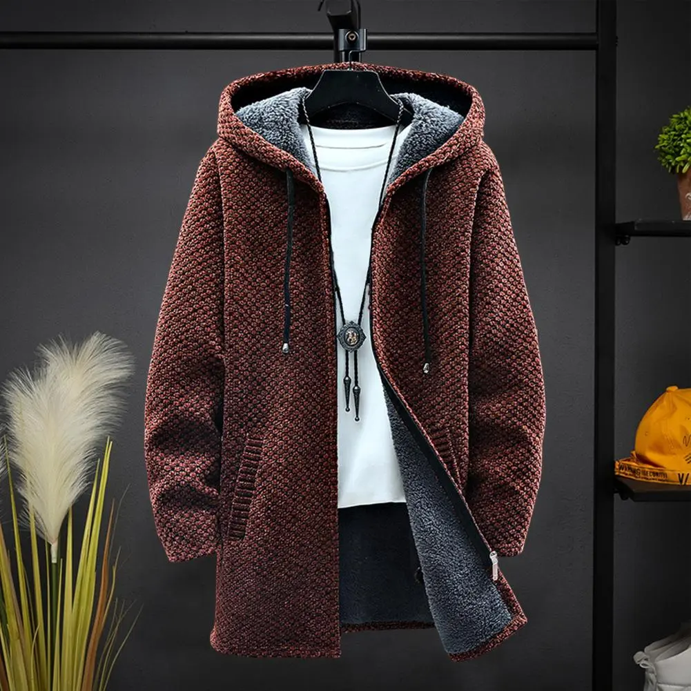 Autumn Winter Hooded Sweater Thicken Drawstring Plush Lining Mid-Length Knitting Jacket Windproof Knitting Hooded Sweater Jacket