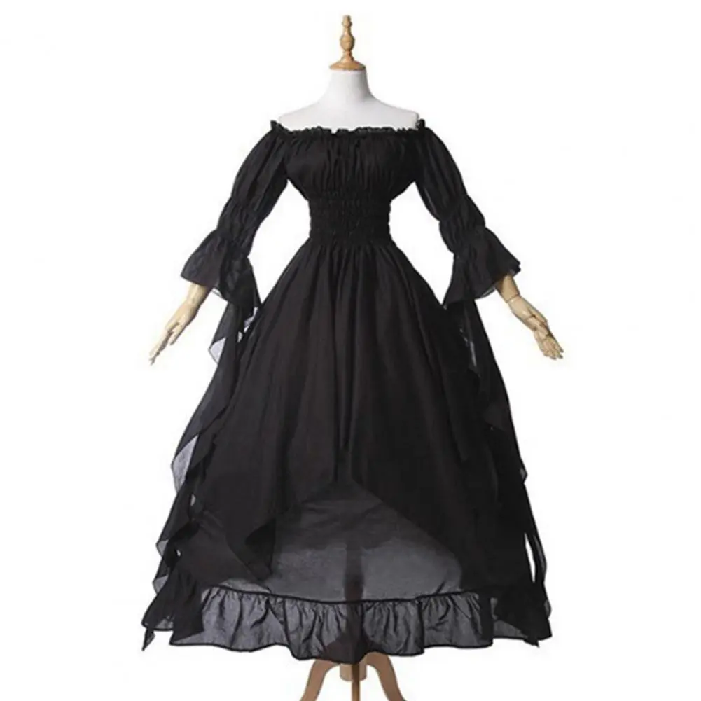 Retro Renaissance Maxi Princess Dress Off Shoulder Long Horn Sleeves Irregular Layered Pleated Party Dress Women Ball Gown