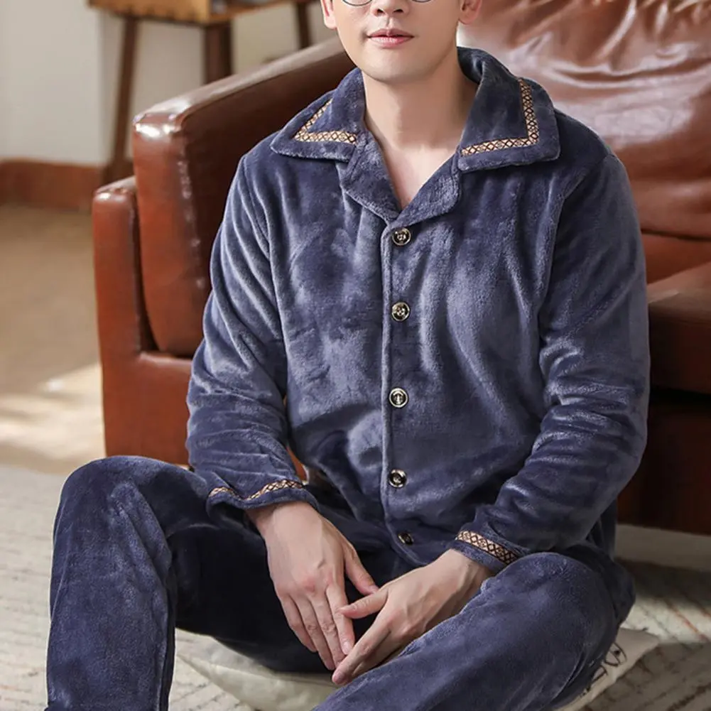 Men Winter Pajamas Set Thick Buttons Autumn Women Solid Warm 2 Piece Sets Pullover Pants Men Casual Pajama Winter Sleepwear