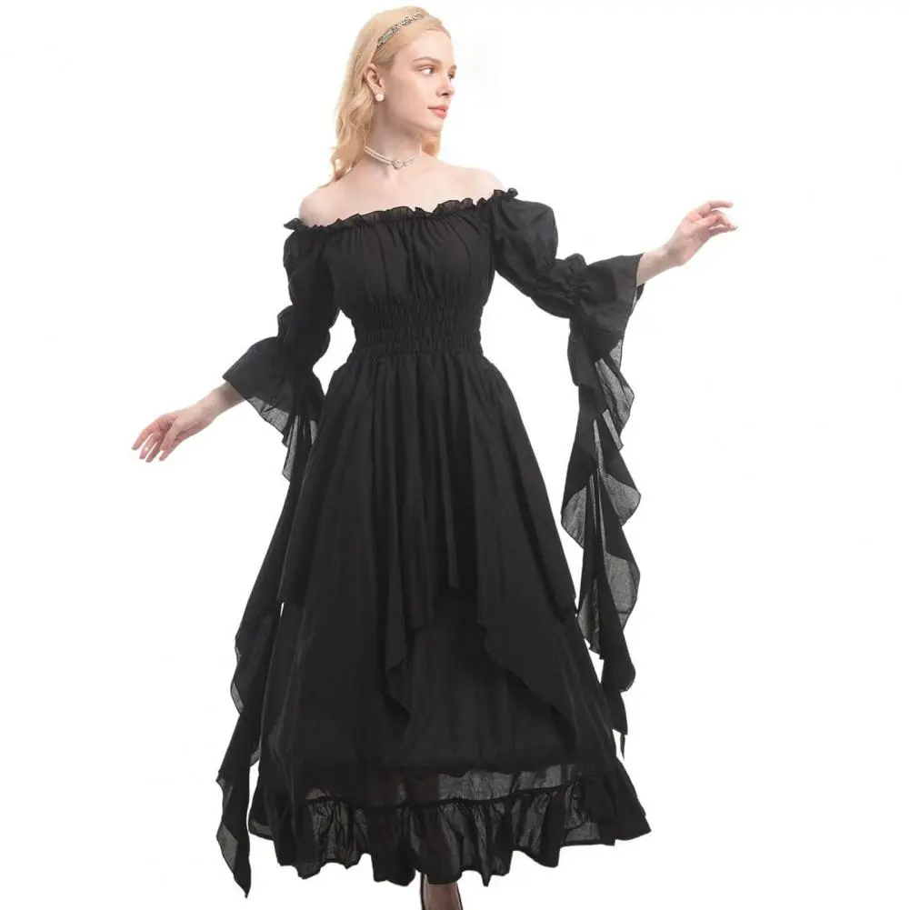 Retro Renaissance Maxi Princess Dress Off Shoulder Long Horn Sleeves Irregular Layered Pleated Party Dress Women Ball Gown