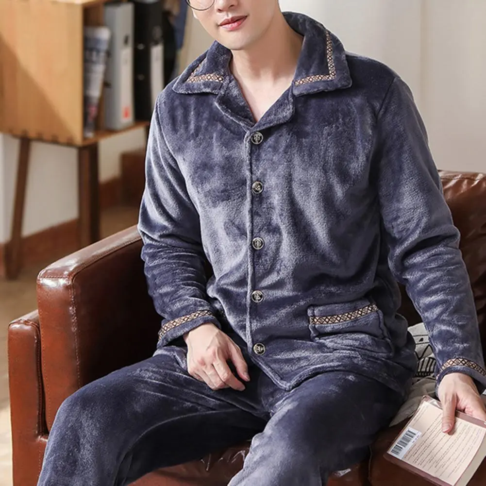 Men Winter Pajamas Set Thick Buttons Autumn Women Solid Warm 2 Piece Sets Pullover Pants Men Casual Pajama Winter Sleepwear