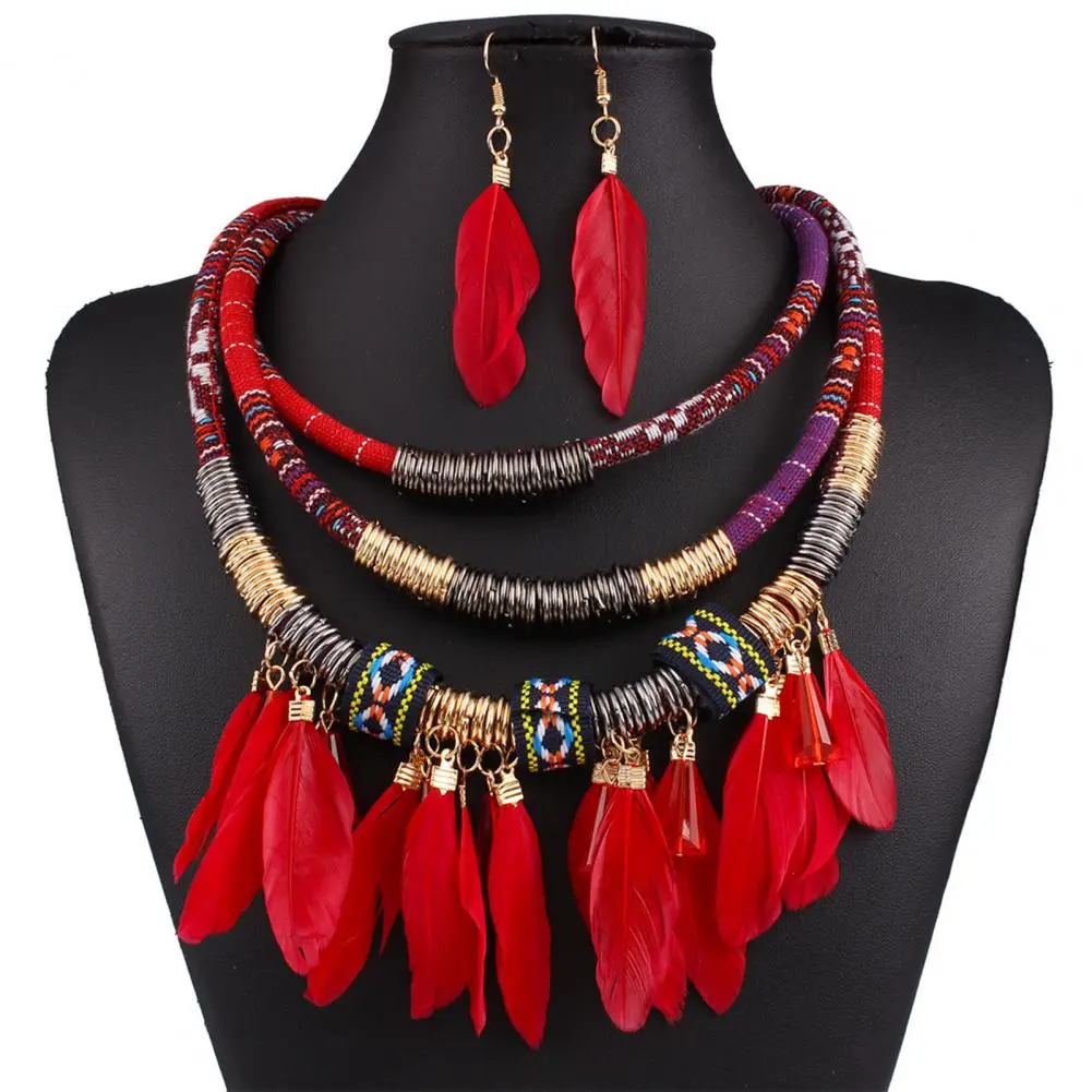 Boho Long Feather Dangle Necklace Jewelry Set Women's Earrings Long Tassel Handmade Feather Necklace Dangle Earrings Set Gift