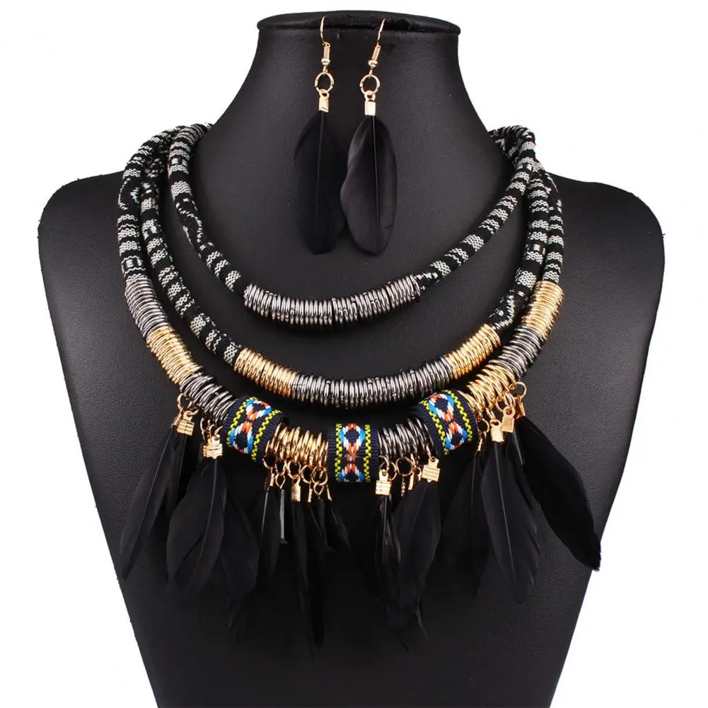 Boho Long Feather Dangle Necklace Jewelry Set Women's Earrings Long Tassel Handmade Feather Necklace Dangle Earrings Set Gift