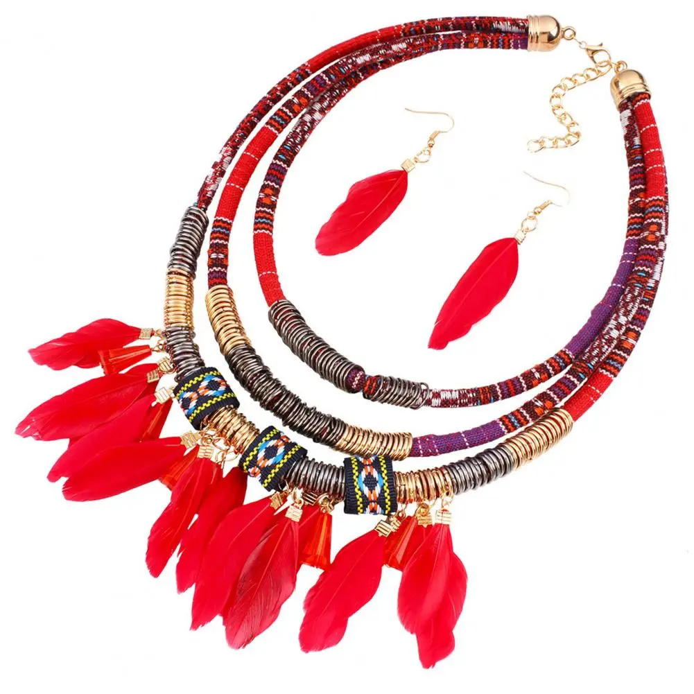 Boho Long Feather Dangle Necklace Jewelry Set Women's Earrings Long Tassel Handmade Feather Necklace Dangle Earrings Set Gift