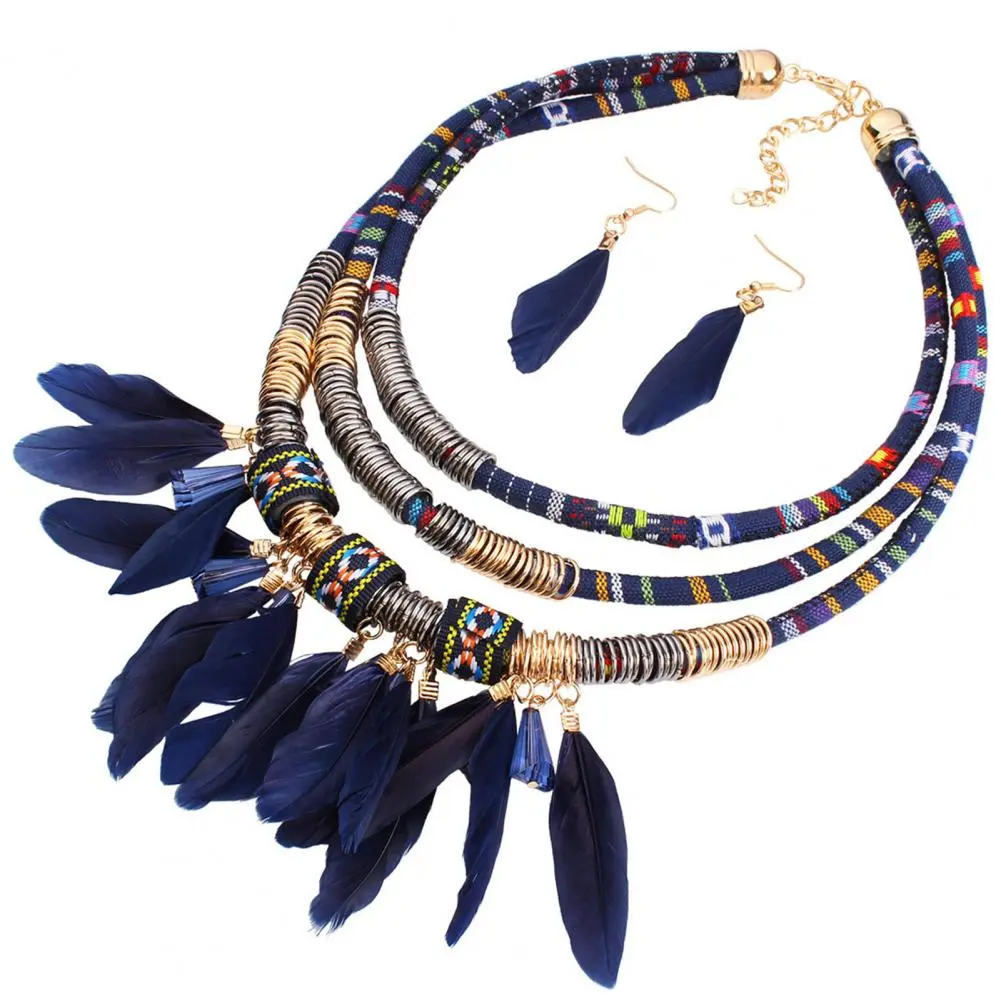Boho Long Feather Dangle Necklace Jewelry Set Women's Earrings Long Tassel Handmade Feather Necklace Dangle Earrings Set Gift