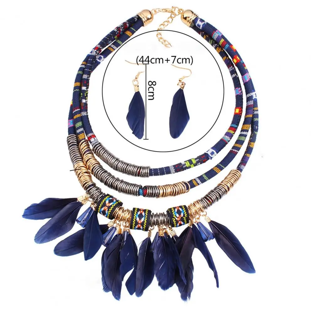 Boho Long Feather Dangle Necklace Jewelry Set Women's Earrings Long Tassel Handmade Feather Necklace Dangle Earrings Set Gift