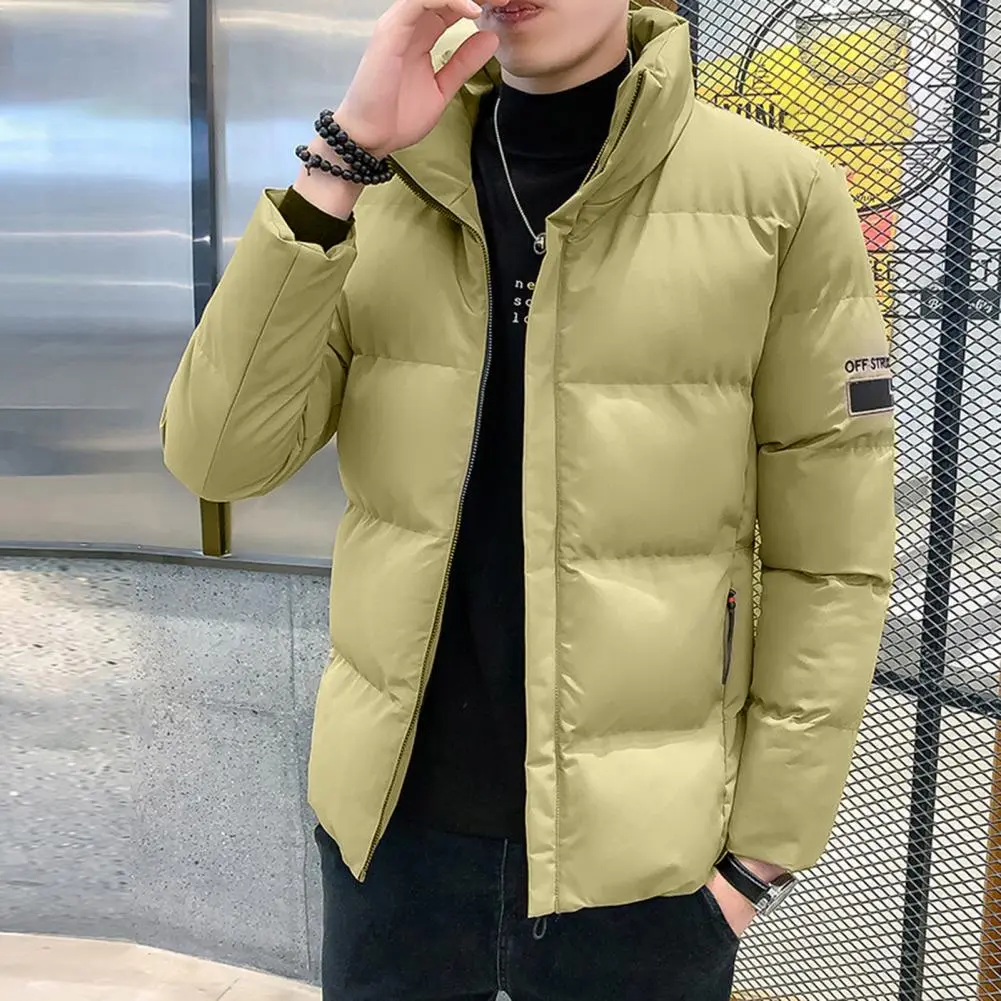 Korean Style Men Cotton Padded Coat Solid Color Stand Collar Letter Embroidery Coldproof Fluffy Filling Jacket Men Winter Coat