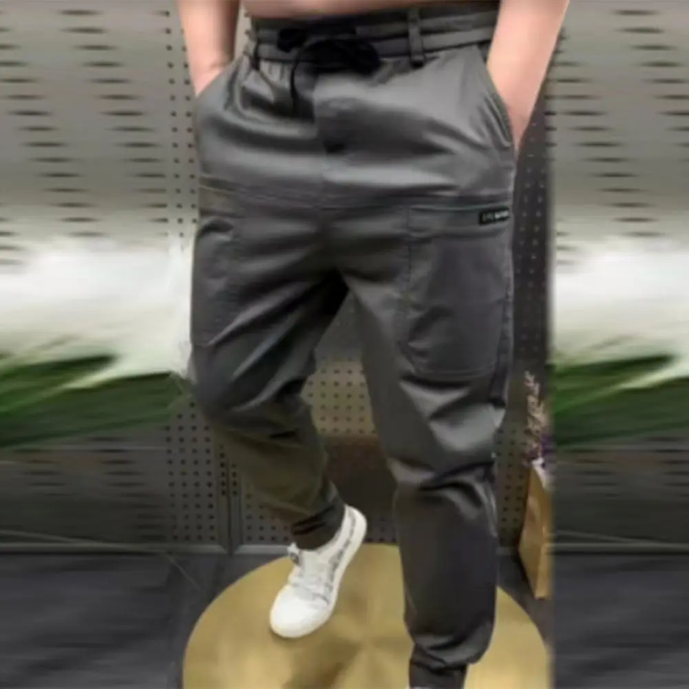 2024 Men Pants Men's Summer Spliced Embroidery Elastic Waist Multi Pocket Casual Pants Slim Fit Ice Silk Small Leg Pencil Pants