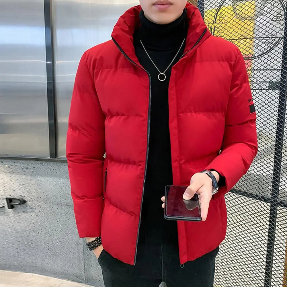 Korean Style Men Cotton Padded Coat Solid Color Stand Collar Letter Embroidery Coldproof Fluffy Filling Jacket Men Winter Coat