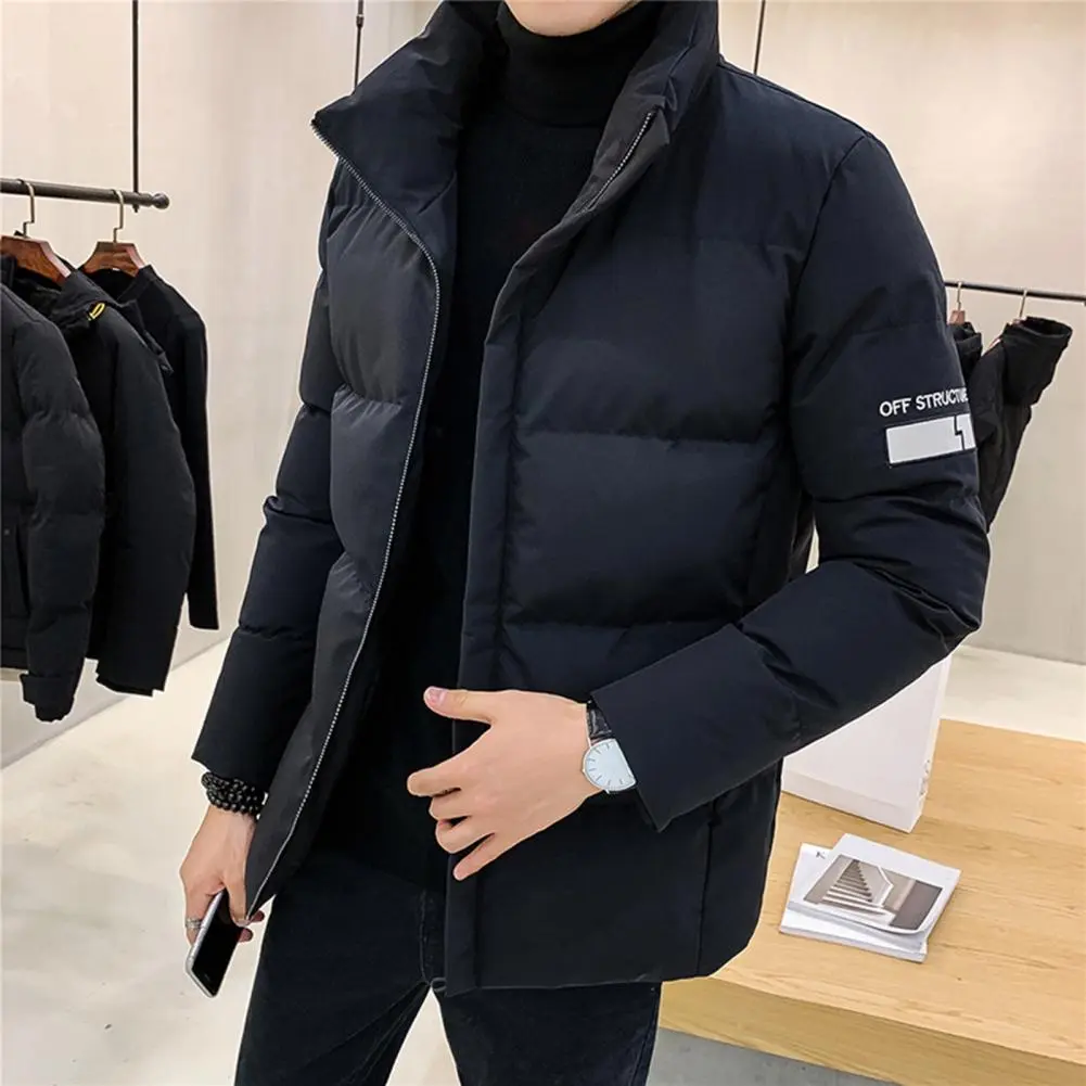 Korean Style Men Cotton Padded Coat Solid Color Stand Collar Letter Embroidery Coldproof Fluffy Filling Jacket Men Winter Coat
