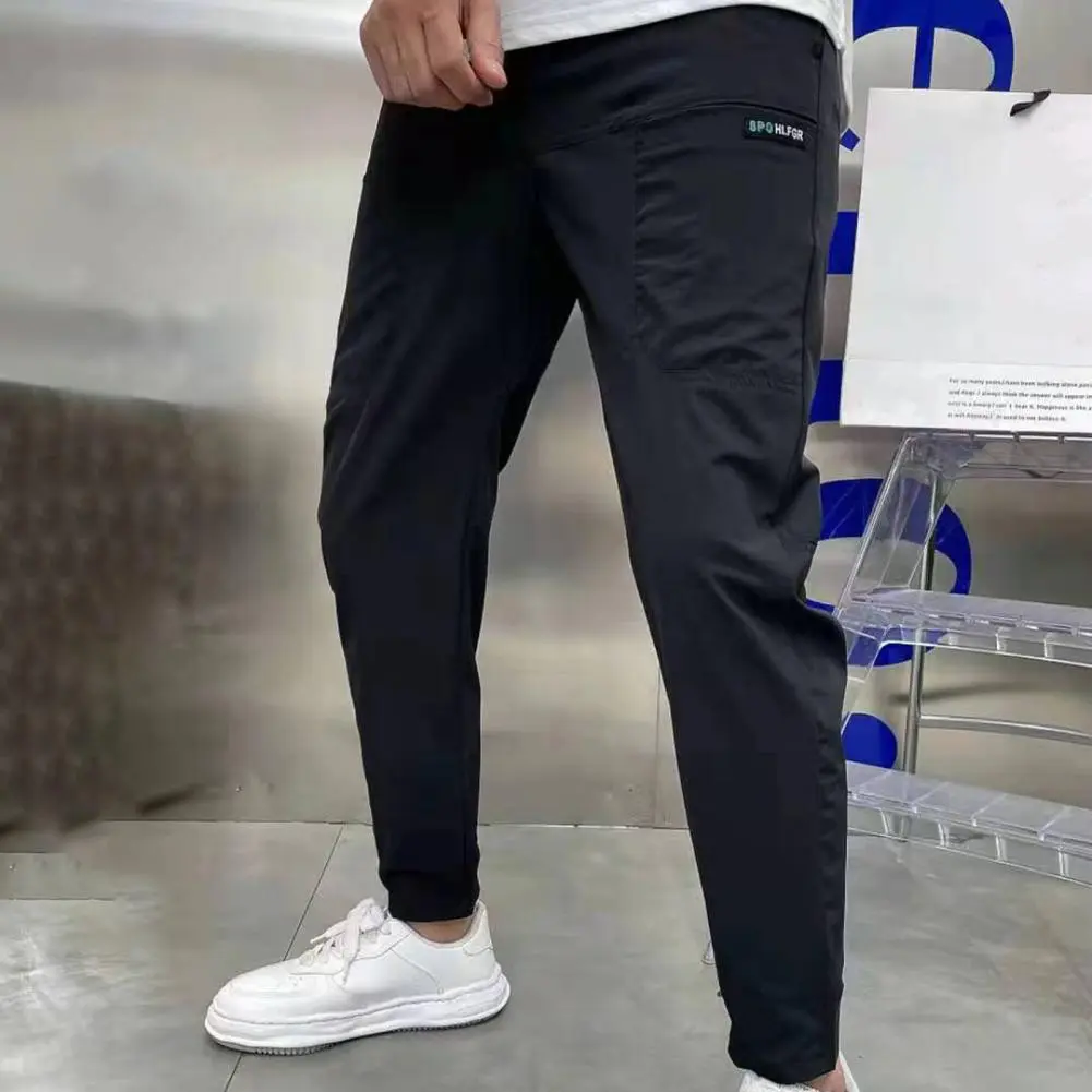 2024 Men Pants Men's Summer Spliced Embroidery Elastic Waist Multi Pocket Casual Pants Slim Fit Ice Silk Small Leg Pencil Pants