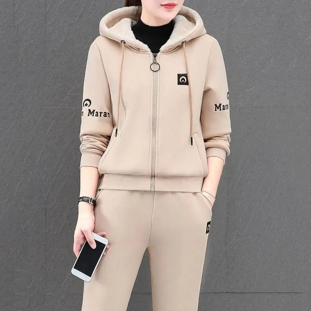 Sports Women Tracksuit Hooded Sweatshirt Pants Suit Spring Velvet Thickened Fashion Drawstring Warm Casual Hoodie Pants Set