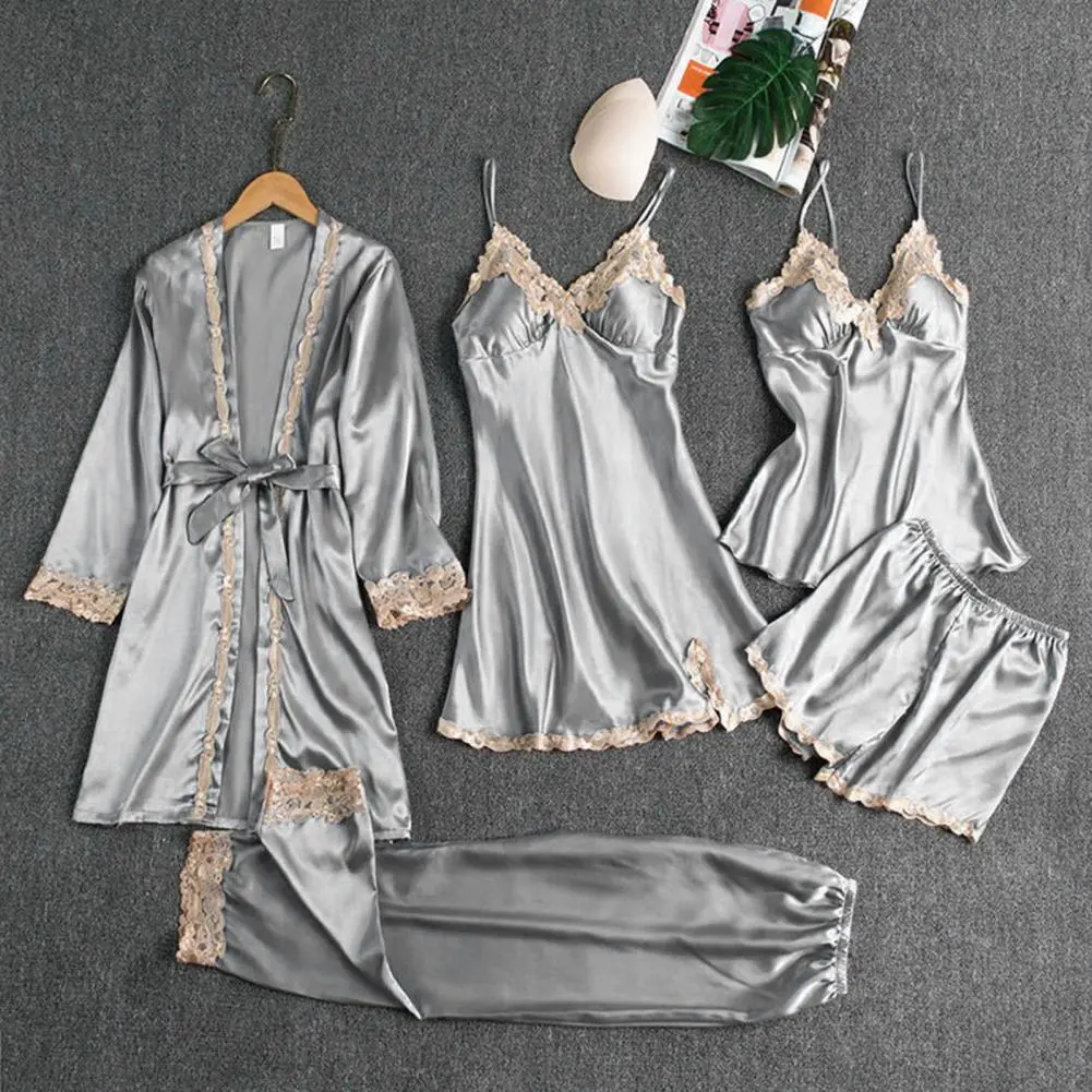 5 Pcs/Set Women Nightgown Pajamas Set Nightdress Top Shorts Pants Set Silky Satin Suspender Nightgown And Trousers Set Nightwear